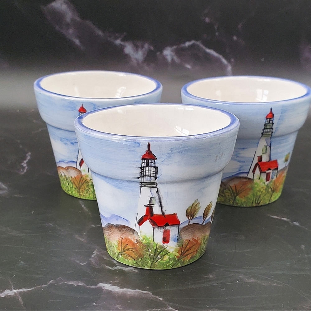 PGL Set Of 3 Hand-Painted Lighthouse Theme Ceramic Candle Holders